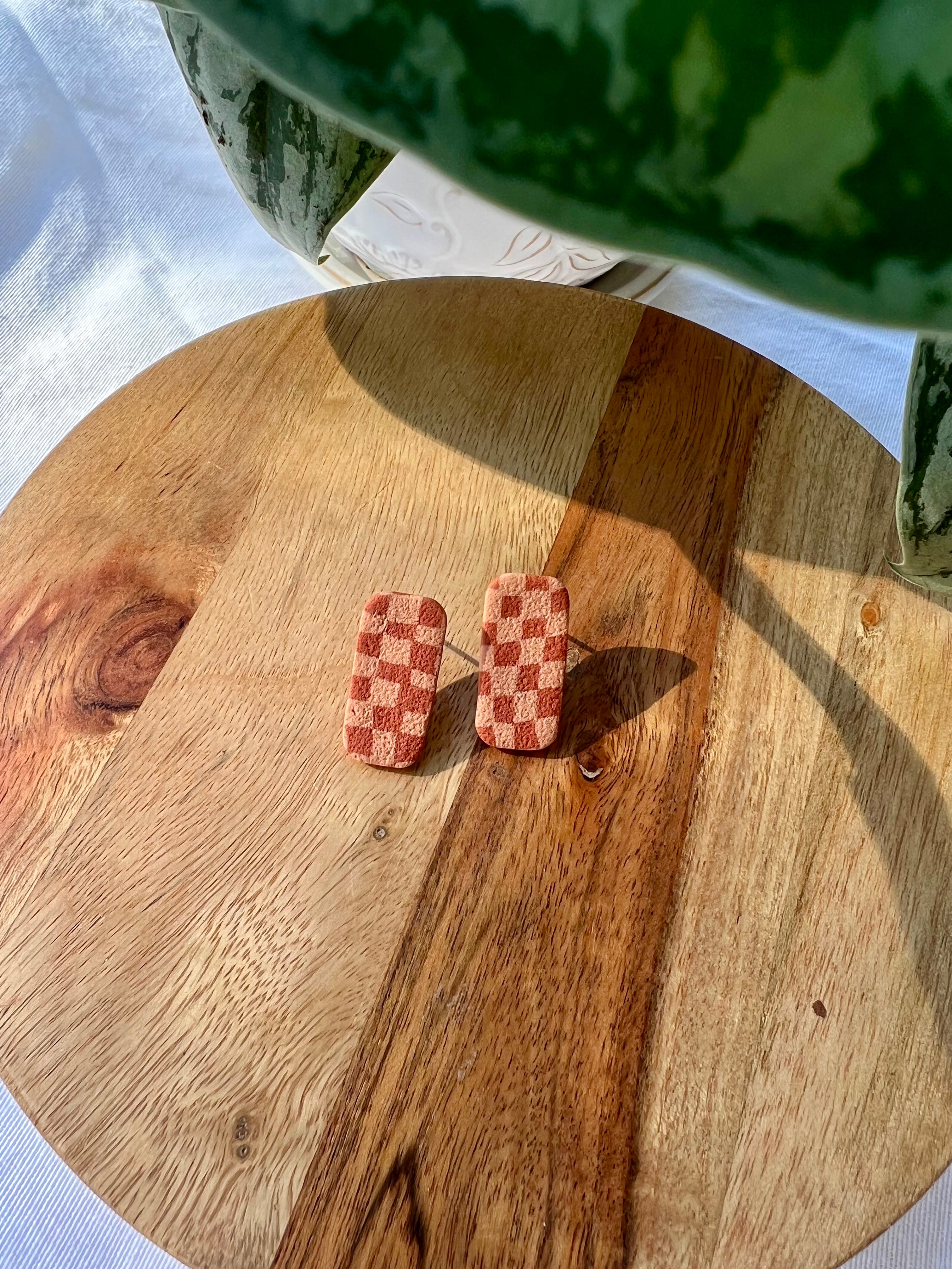 Orange Checkered Rectangle Studs